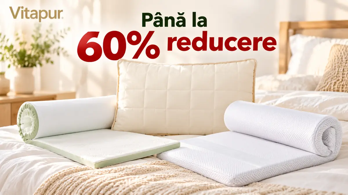 Reduceri de până la 60% la Vitapur, cu pernă matlasată și toppere pentru saltea, într-un dormitor luminos.