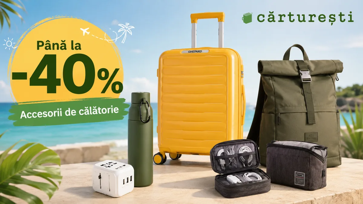 Banner Cărturești cu reduceri de până la 40% la accesorii de călătorie: troler, rucsac, termos, adaptor universal și organizatoare, prezentate într-un decor de vacanță la malul mării.