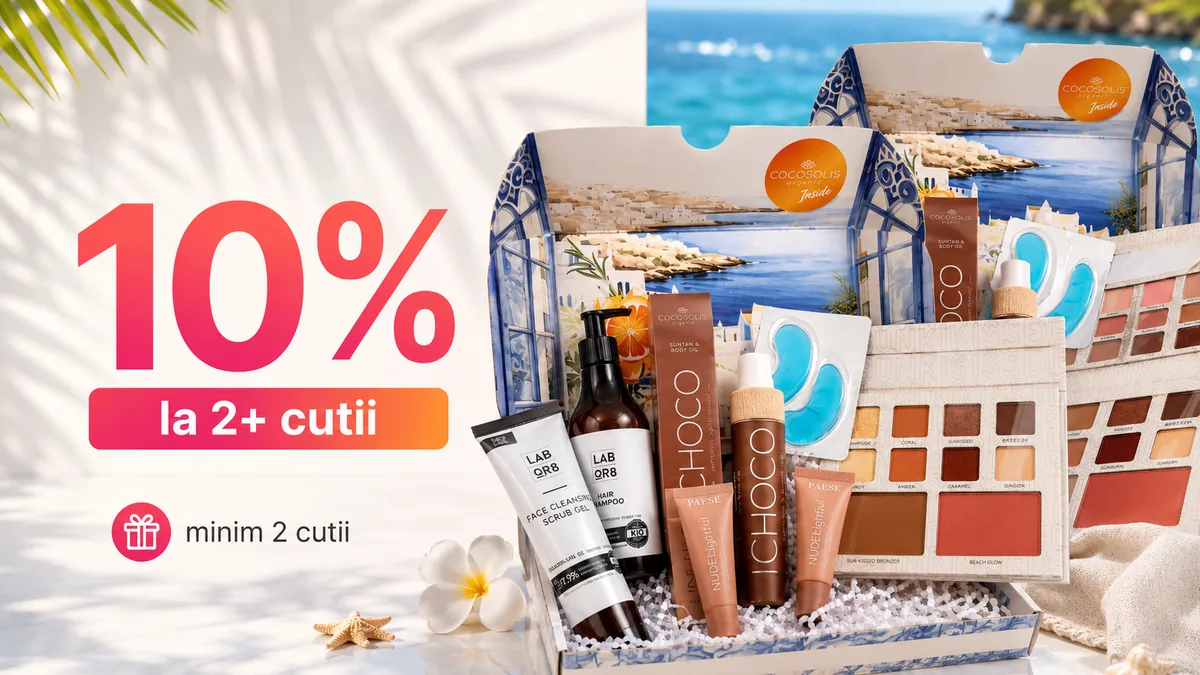 Banner promoțional cu 10% reducere la minimum două cutii beauty, prezentând cutii cadou cu produse cosmetice și de îngrijire într-un decor estival.