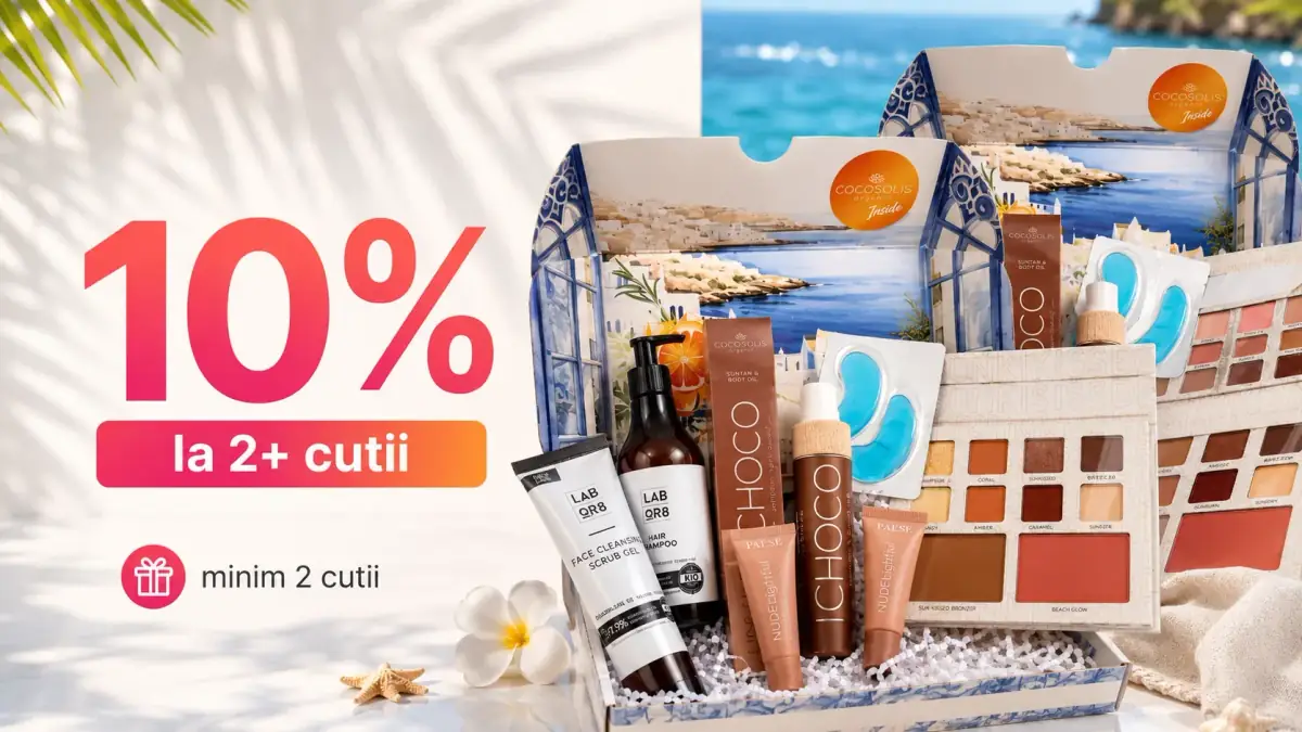 Banner promoțional cu 10% reducere la minimum două cutii beauty, prezentând cutii cadou cu produse cosmetice și de îngrijire într-un decor estival.
