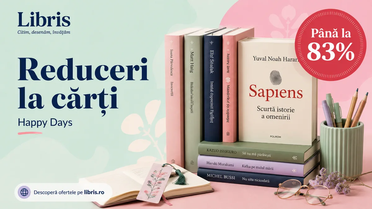 Banner Libris Happy Days cu reduceri de până la 83% la cărți, ilustrat cu volume bestseller, semn de carte și accesorii pentru lectură.