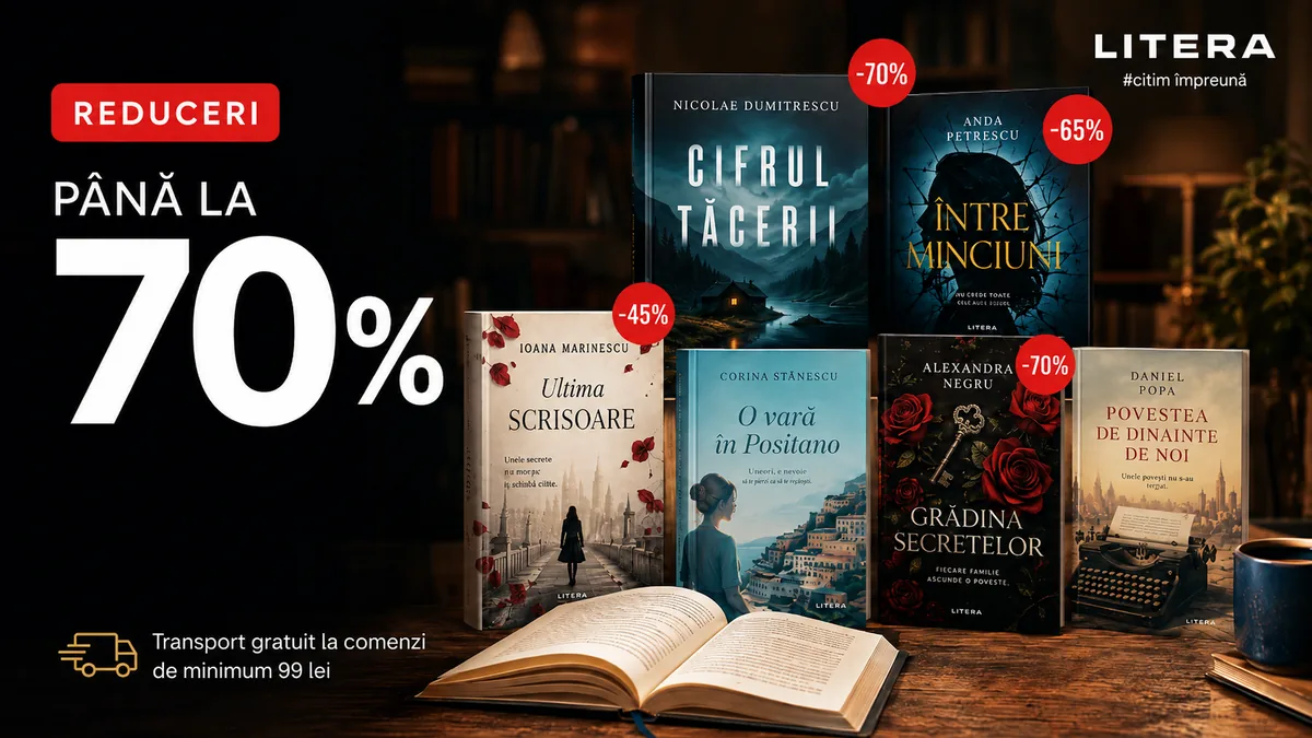 Reduceri de până la 70% la cărți Litera, prezentate într-o bibliotecă elegantă, cu transport gratuit la comenzi de minimum 99 lei.