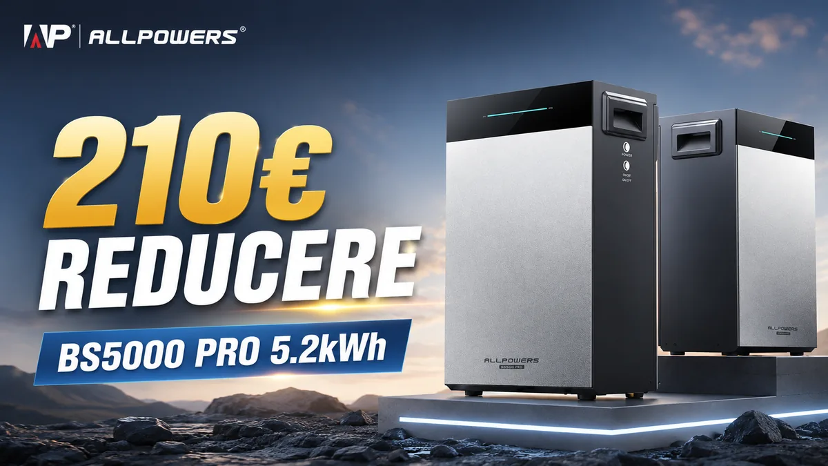Sistem de stocare a energiei ALLPOWERS BS5000 PRO 5,2 kWh, prezentat într-un banner promoțional cu reducere de 210 €.