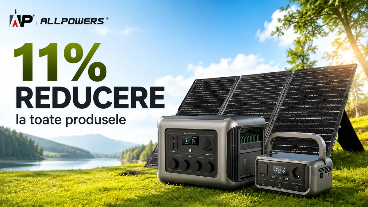 Stații de alimentare portabile și panouri solare ALLPOWERS prezentate în natură, cu reducere de 11% la toate produsele.