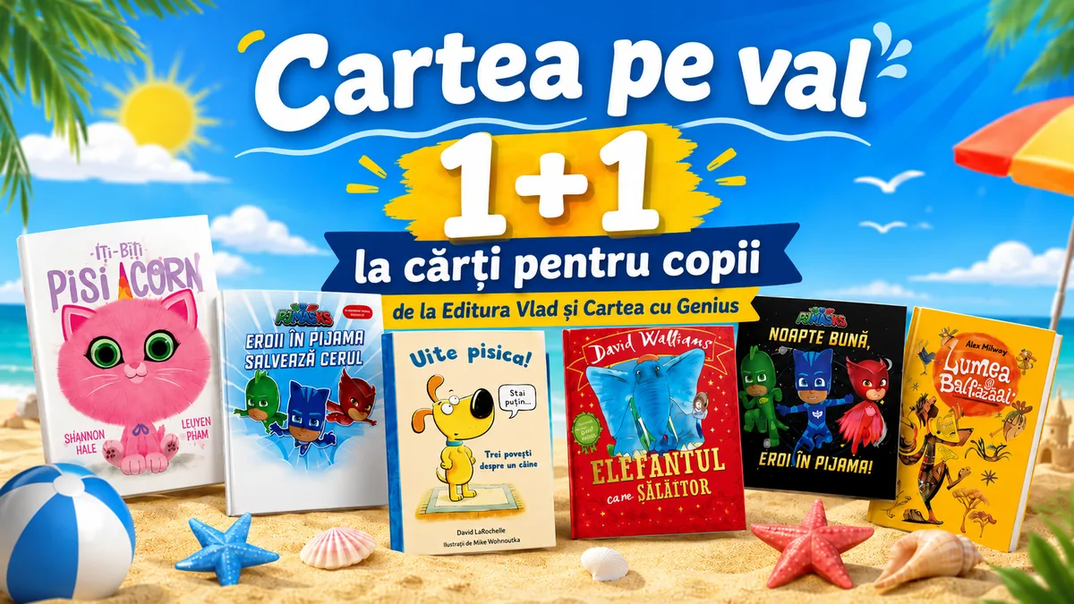 Banner promoțional „Cartea pe val” cu ofertă 1+1 la cărți pentru copii de la Editura Vlad și Cartea cu Genius, ilustrat cu volume colorate pe un fundal de vară, la malul mării.