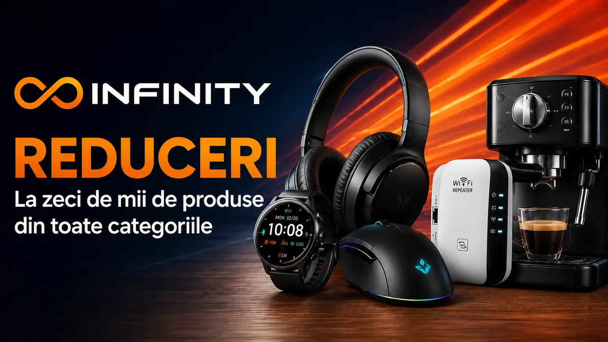 Banner Infinity cu reduceri la zeci de mii de produse, prezentând căști, smartwatch, mouse gaming, extender Wi-Fi și espressor.
