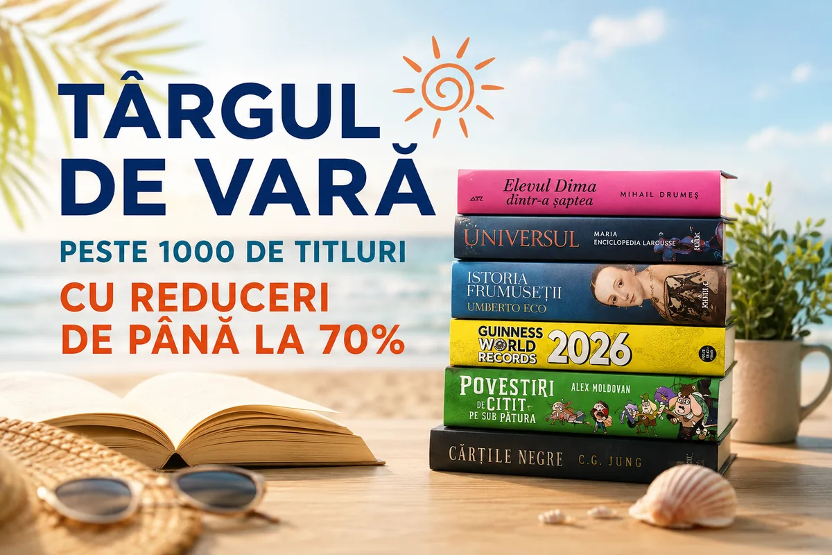 Banner pentru Târgul de Vară Librărie.net, cu peste 1.000 de titluri la reduceri de până la 70%, ilustrat cu cărți bestseller într-un decor luminos de plajă.