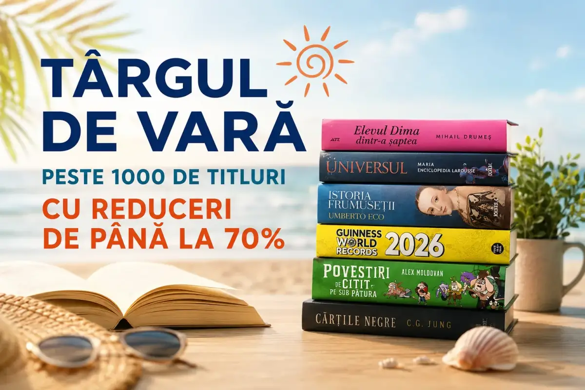 Banner pentru Târgul de Vară Librărie.net, cu peste 1.000 de titluri la reduceri de până la 70%, ilustrat cu cărți bestseller într-un decor luminos de plajă.