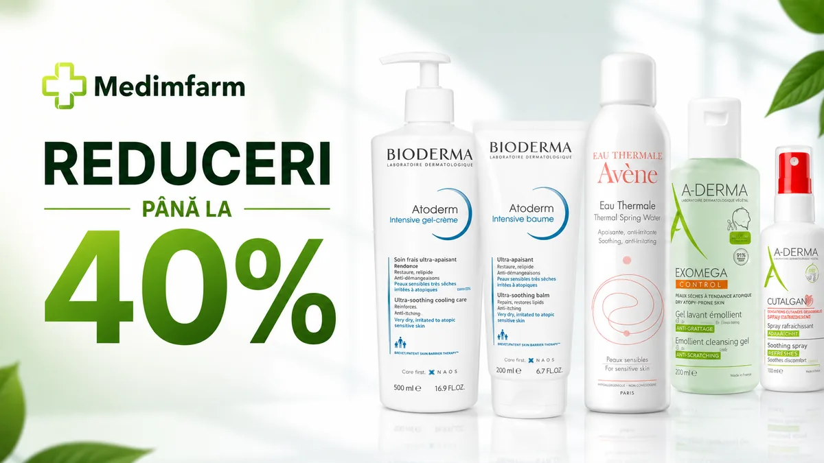 Banner Medimfarm cu reduceri de până la 40% la produse dermatocosmetice Bioderma, Avène și A-Derma.