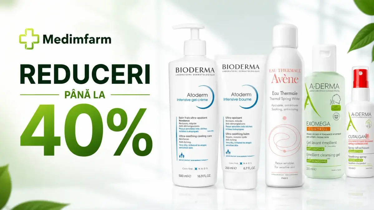 Banner Medimfarm cu reduceri de până la 40% la produse dermatocosmetice Bioderma, Avène și A-Derma.