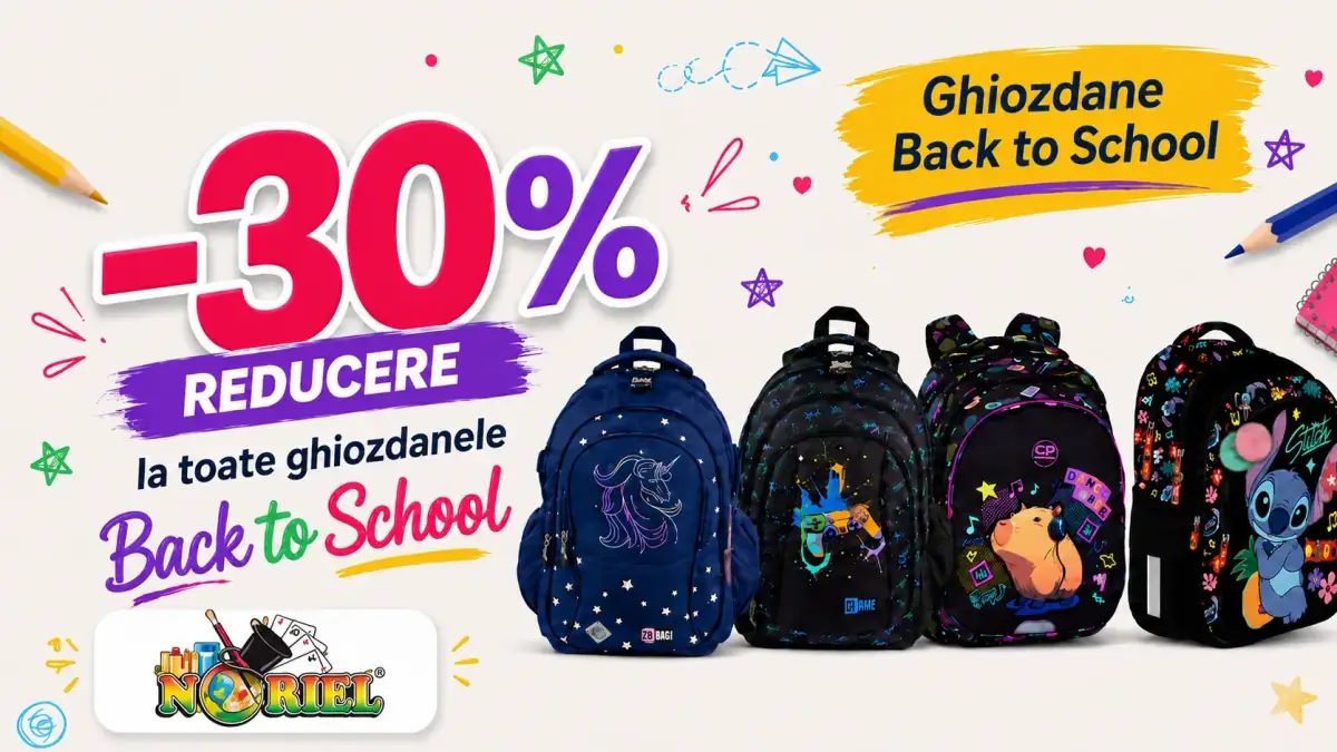 Reducere de 30% la toate ghiozdanele Back to School Noriel, cu modele colorate pentru copii.