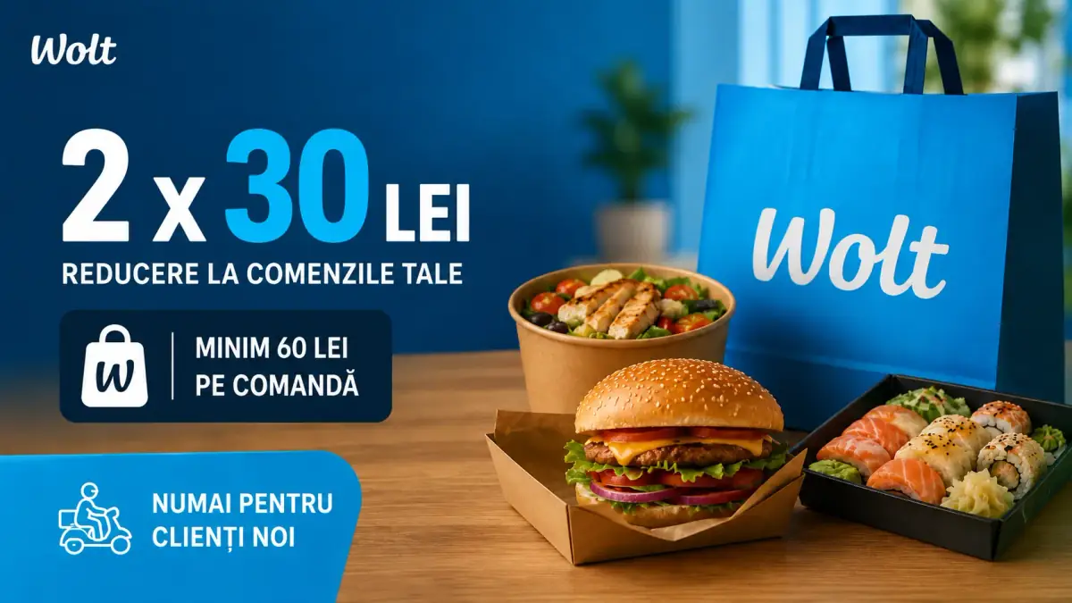 Promoție Wolt pentru clienți noi: 2 x 30 lei reducere la comenzi de minimum 60 lei, cu preparate livrate precum burger, sushi și salată.