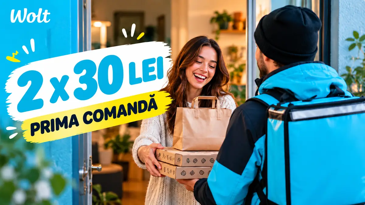 Livrare Wolt la domiciliu, cu două reduceri de 30 lei pentru utilizatorii noi la prima comandă.
