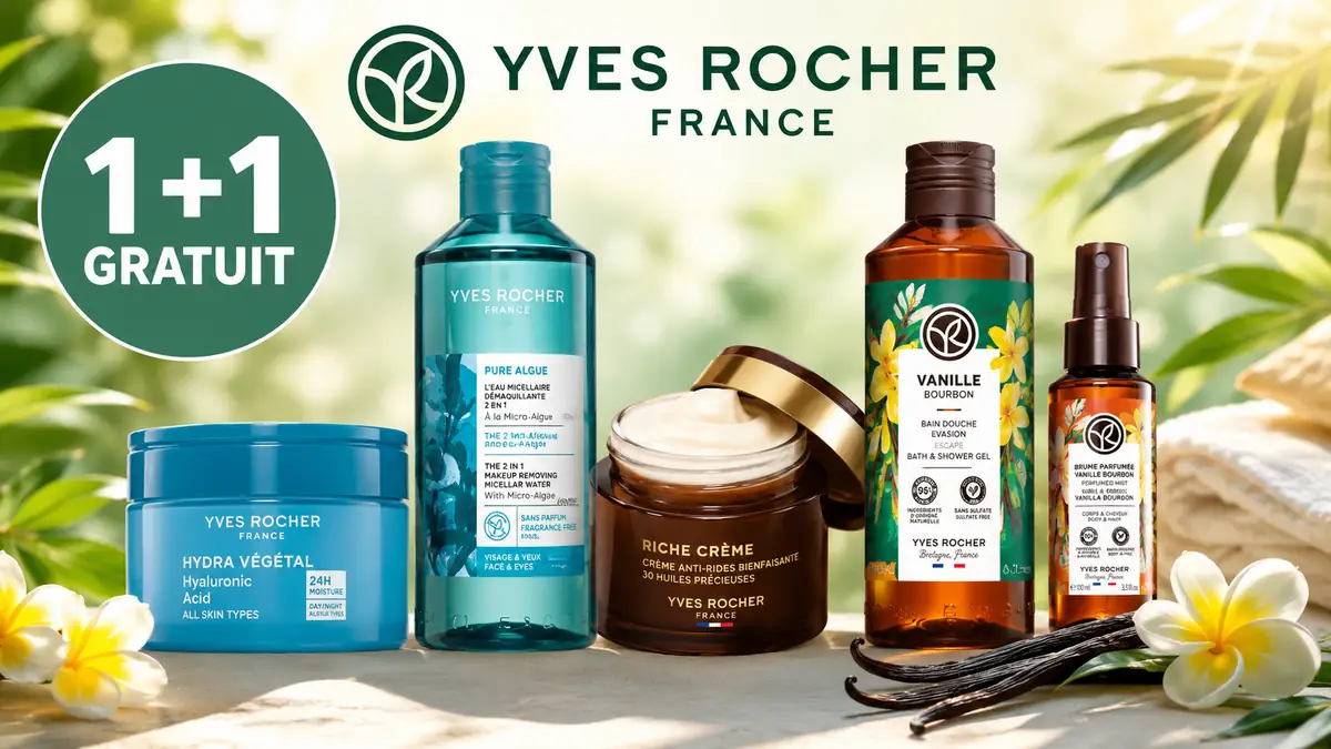Produse Yves Rocher pentru îngrijirea tenului și corpului, promovate într-o ofertă 1+1 gratuit.