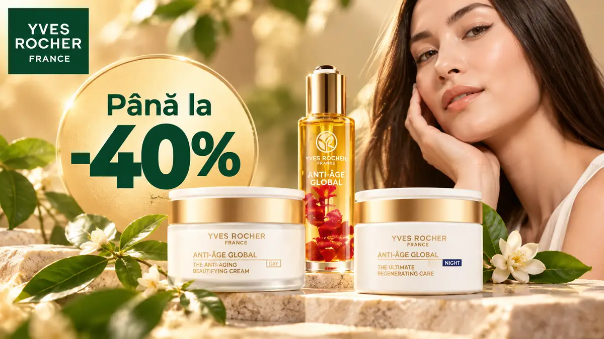 Produse Yves Rocher Anti-Âge Global pentru îngrijirea tenului, prezentate într-un decor elegant, cu reducere de până la 40%.