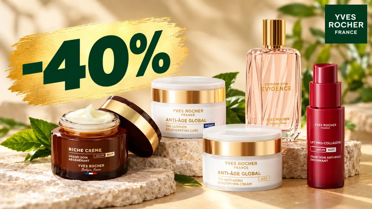 Reducere de 40% la produse de îngrijire Yves Rocher Anti-Âge Global, prezentate într-un decor elegant, luminos.