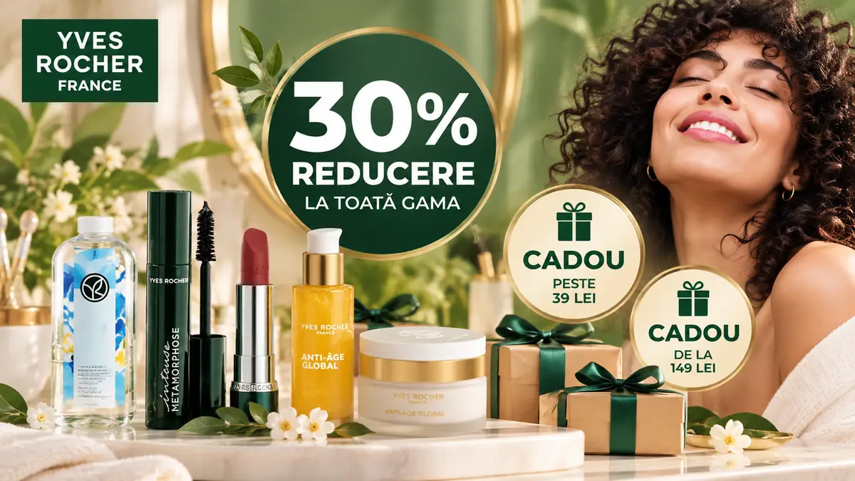 Yves Rocher – selecție de produse cosmetice și îngrijire, 30% reducere, cu cadouri la comenzi de peste 39 lei.