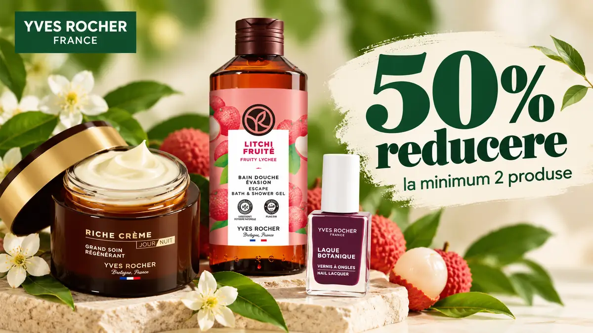 Produse Yves Rocher pentru îngrijire și frumusețe, promovate cu 50% reducere la achiziția a minimum 2 produse.