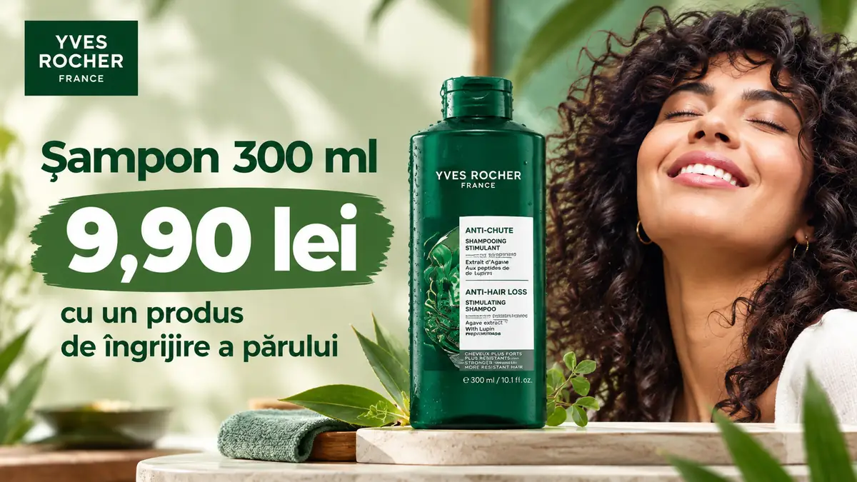 Șampon Yves Rocher de 300 ml la 9,90 lei, alături de o femeie cu păr creț, într-un decor verde inspirat de îngrijirea părului.