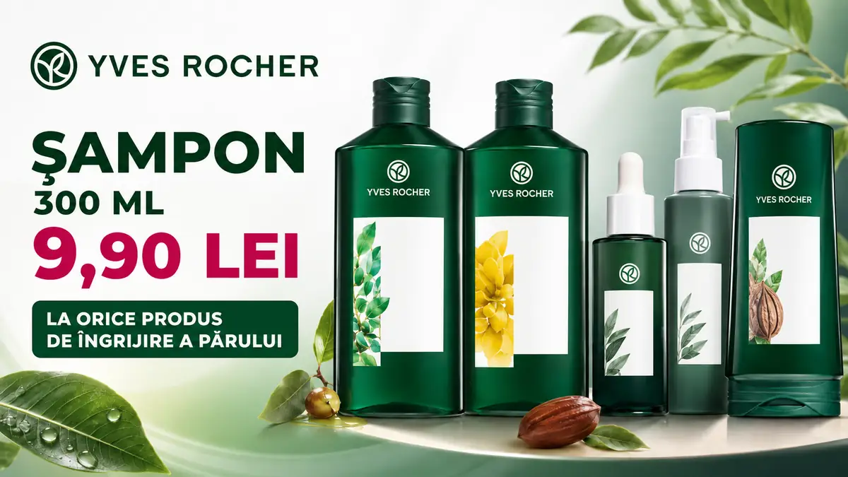 Produse Yves Rocher pentru îngrijirea părului, cu șampon 300 ml la 9,90 lei, pe fundal verde cu frunze.