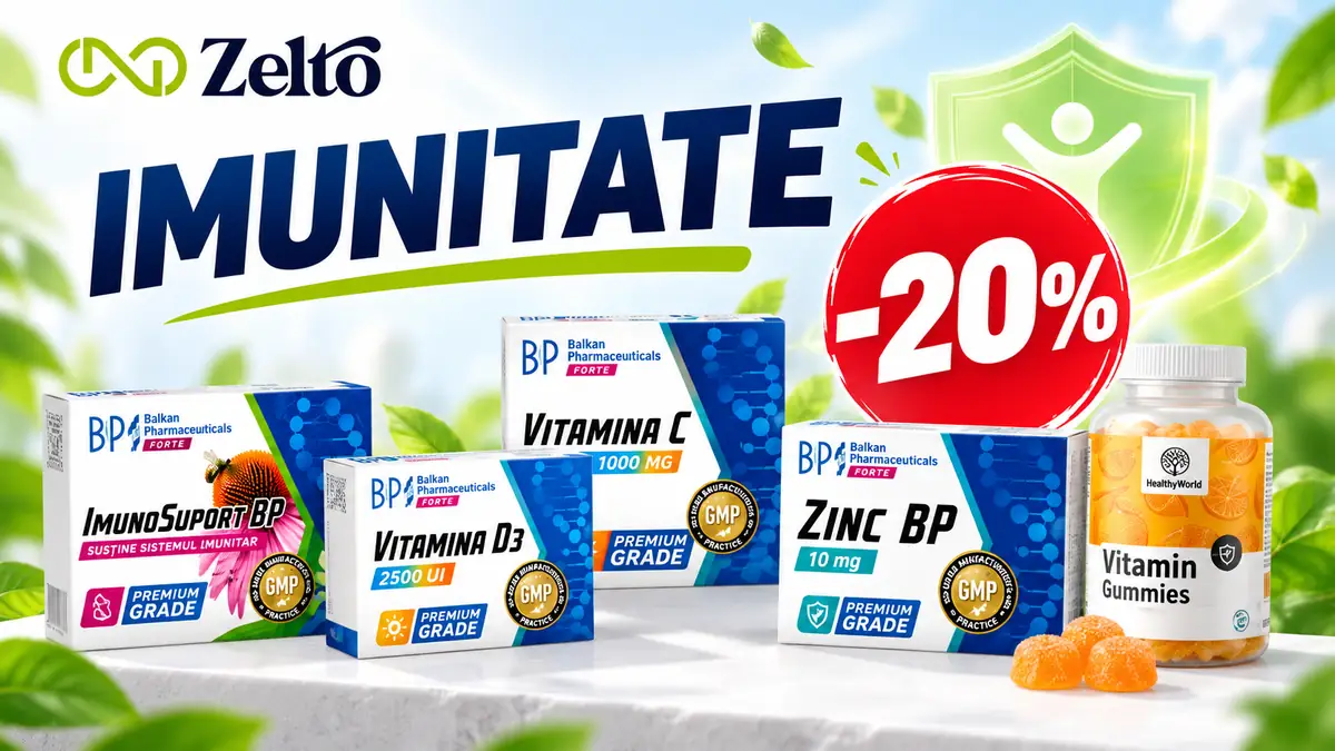 Produse pentru imunitate Zelto, vitamine și zinc, promovate cu reducere de 20%.
