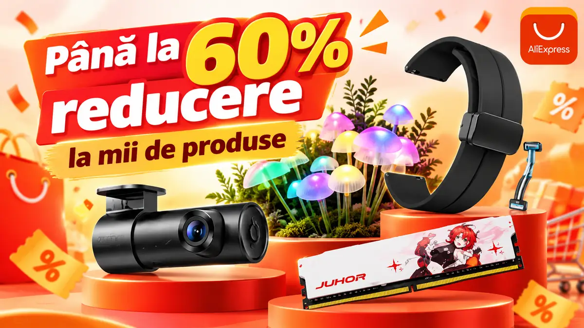 Banner AliExpress cu reducere până la 60%, cameră auto, lumini ciupercă, brățară neagră și memorie RAM.
