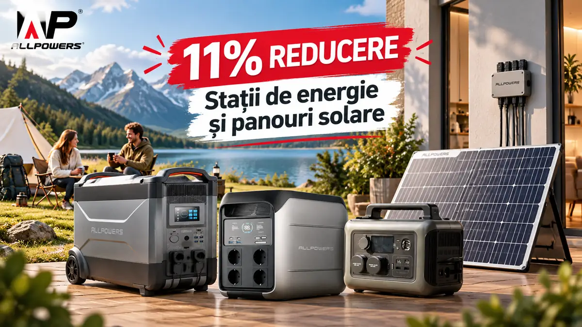 Stații ALLPOWERS și panou solar în prim-plan, cu cort, cuplu la camping, lac și munți în fundal.
