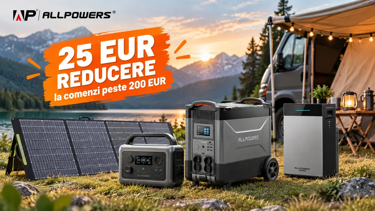 Stații ALLPOWERS și panouri solare lângă autorulotă, cu munți la apus și mesajul 25 EUR reducere.