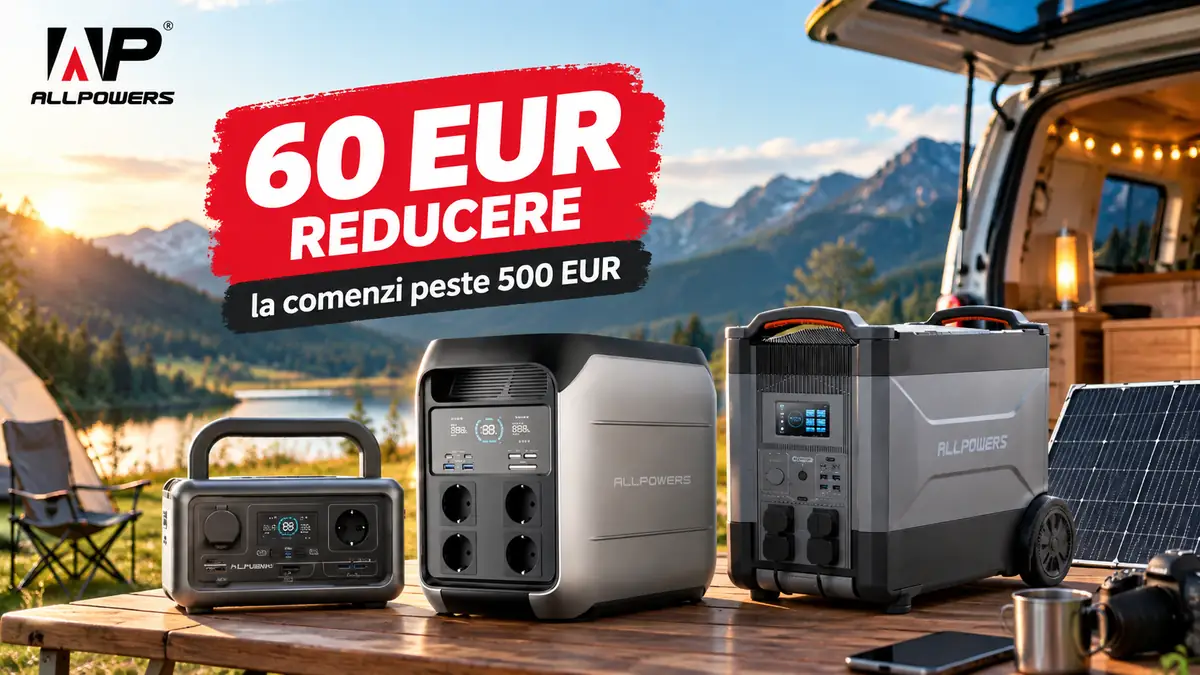 Trei stații ALLPOWERS într-un peisaj de camping montan, cu textul „60 EUR reducere la comenzi peste 500 EUR”.
