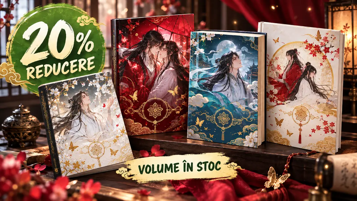 Patru volume Heaven Official’s Blessing pe masă, cu insignă verde „20% reducere” și mesajul „Volume în stoc”.