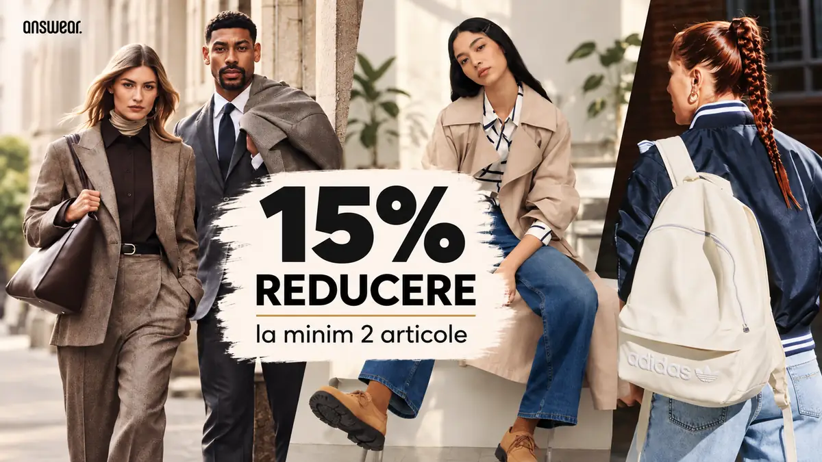 Colaj fashion Answear cu un cuplu, o femeie așezată și una cu rucsac, plus textul 15% reducere la minim 2 articole