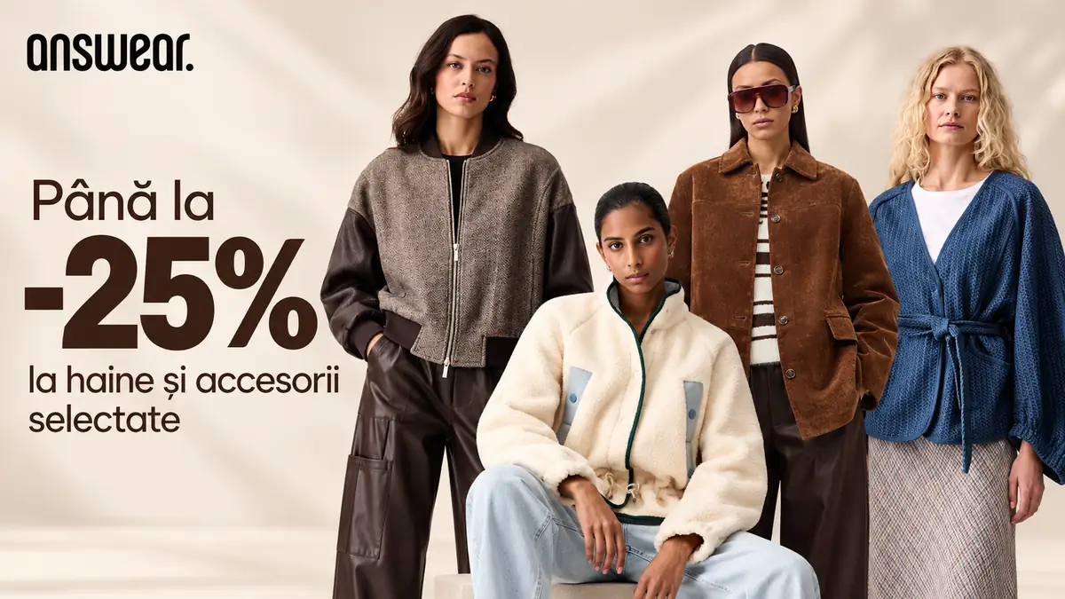 Patru modele poartă ținute de toamnă Answear, lângă textul Până la -25% la haine și accesorii selectate.