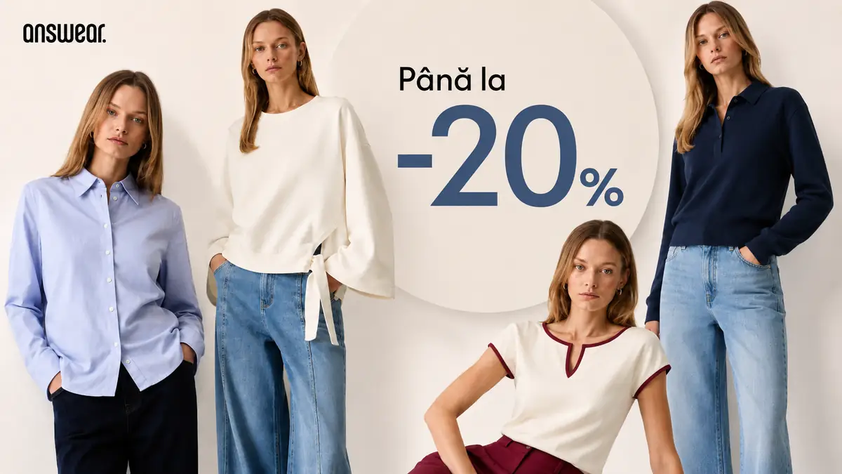 Modele în ținute casual office Answear, cu mesaj promoțional „Până la -20%” pe fundal deschis.