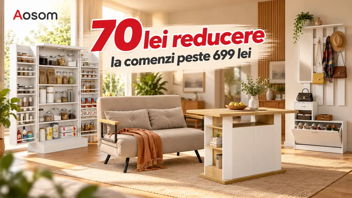 Mobilier și organizare Aosom într-un interior modern, cu 70 lei reducere la comenzi de peste 699 lei.