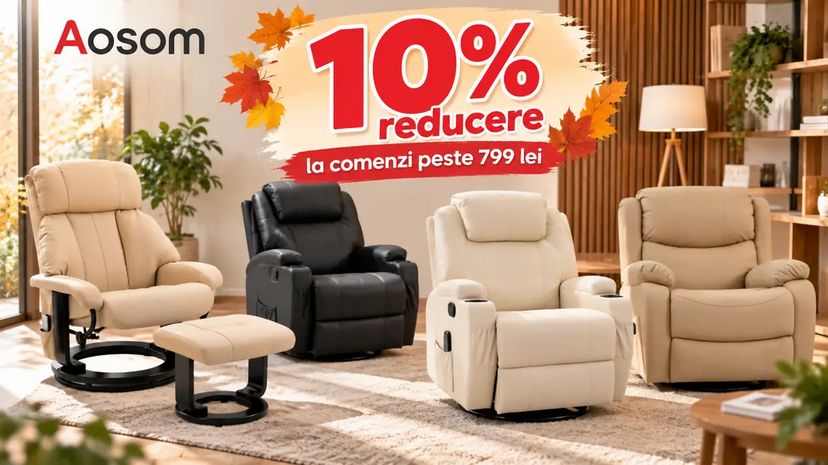 Patru fotolii reclinabile Aosom într-un living luminos, cu mesaj 10% reducere la comenzi peste 799 lei.