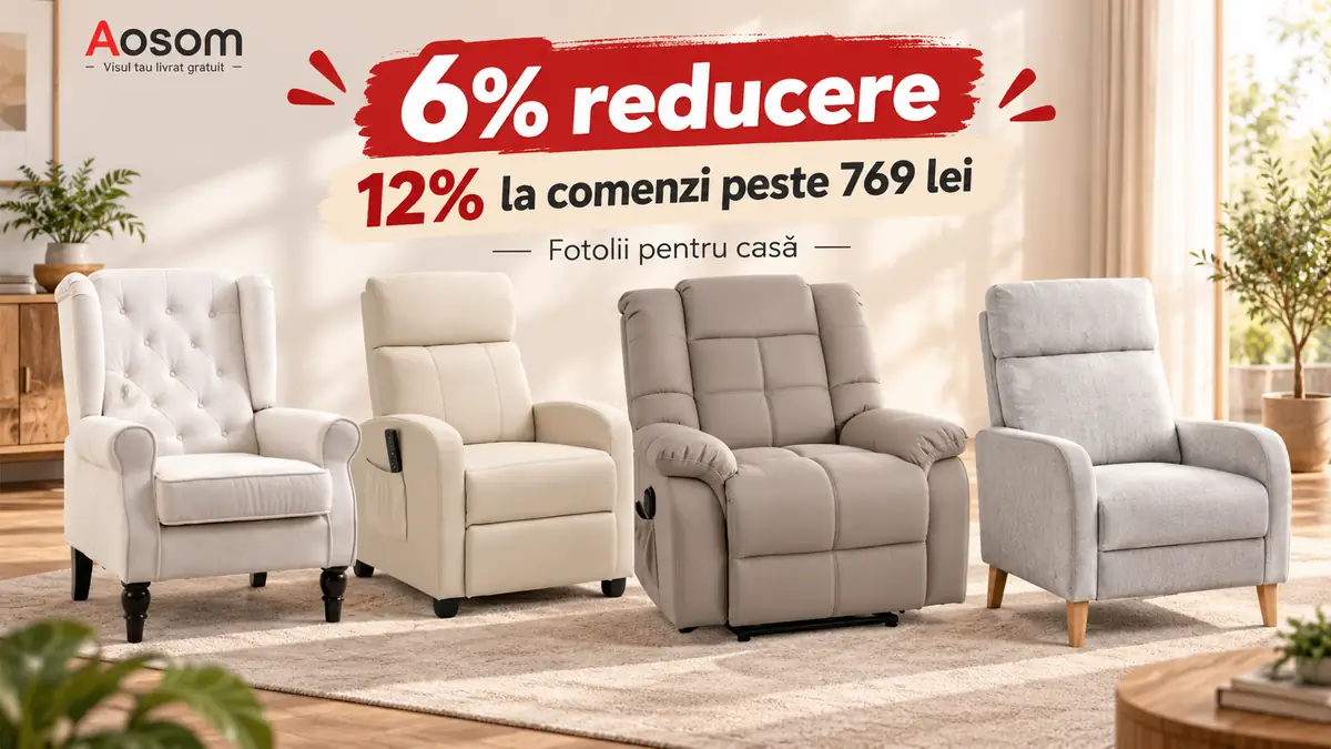 Patru fotolii Aosom într-un living luminos, cu 6% reducere și 12% la comenzi peste 769 lei.