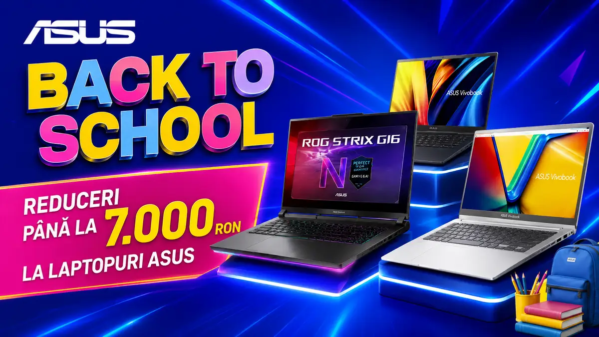 Banner ASUS Back to School cu laptopuri Vivobook și ROG Strix și reduceri de până la 7.000 RON.