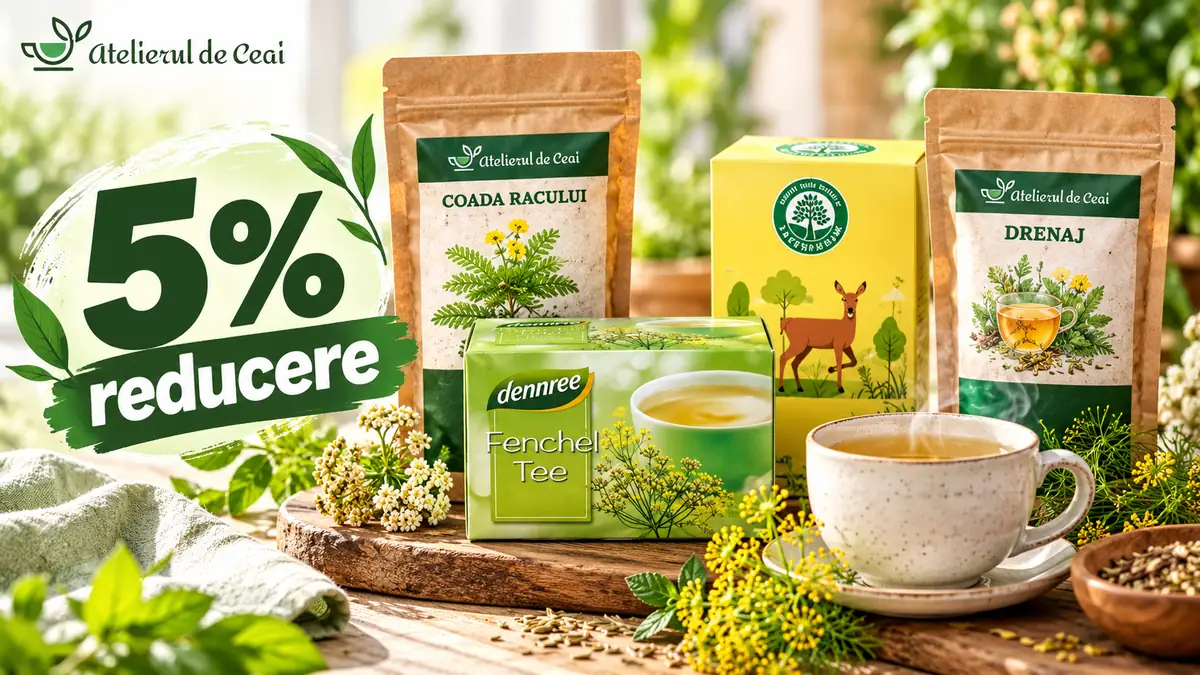 Ceaiuri și plante naturale Atelierul de Ceai, alături de o ceașcă de ceai și mesajul „5% reducere”.