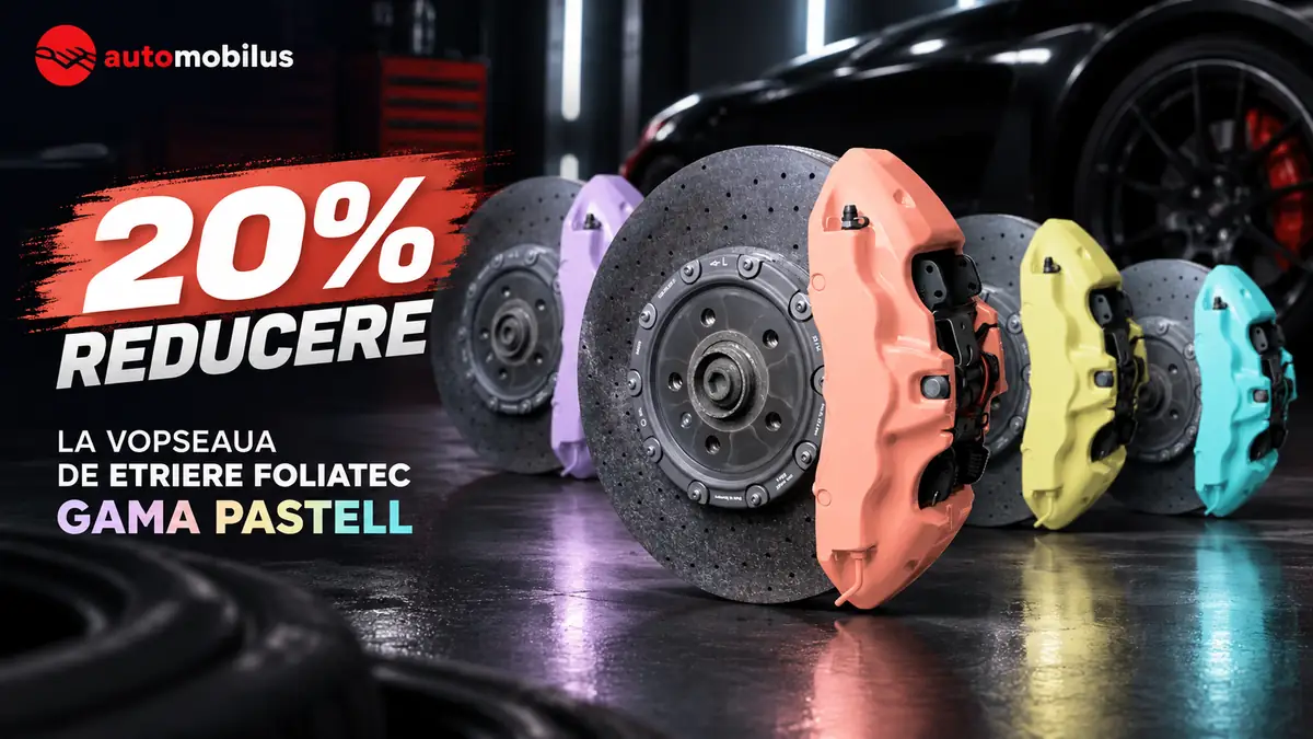 Reducere 20% la vopseaua de etriere Foliatec Pastell, cu etriere pastel pe discuri de frână și logo Automobilus.