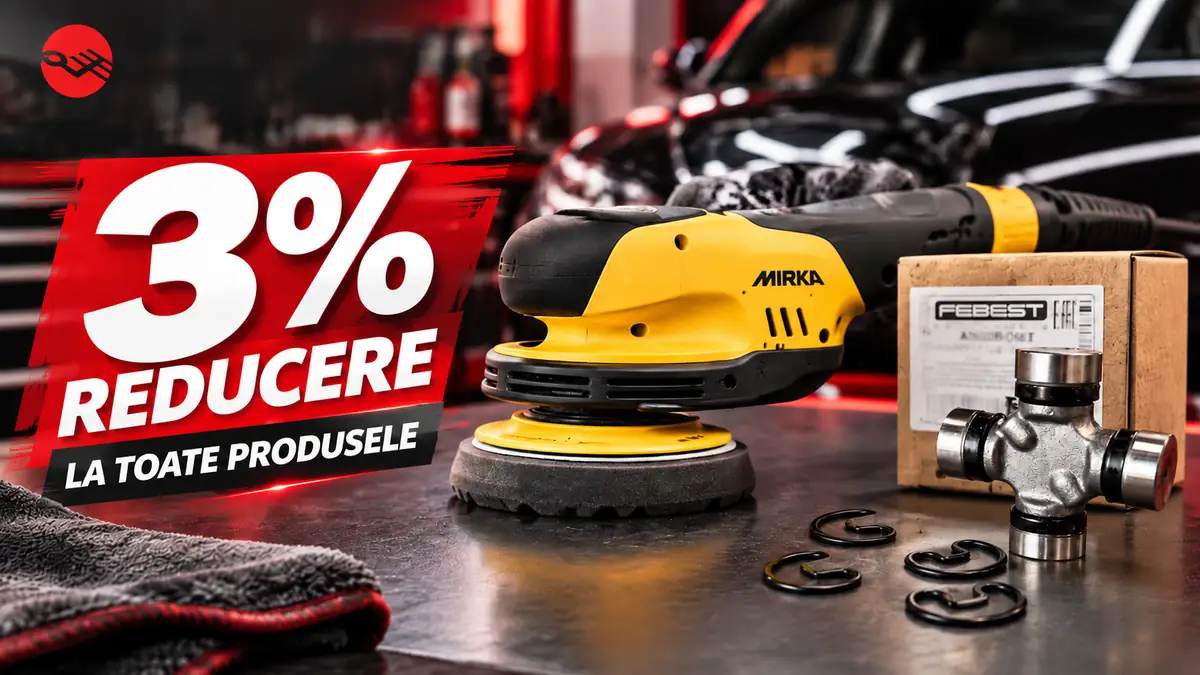 Banner Automobilus cu 3% reducere, polisher Mirka și piesă auto Febest pe banc de lucru.