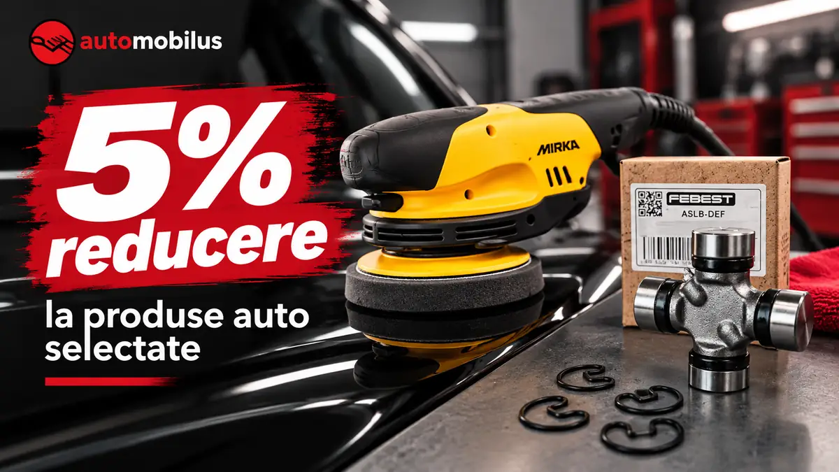 Polizor Mirka și piesă Febest pe fundal de atelier, cu mesaj 5% reducere la produse auto selectate.