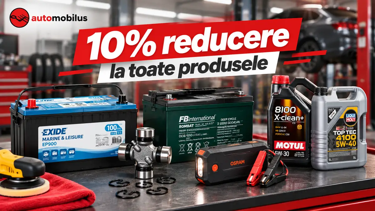 Produse auto Automobilus pe banc de lucru, cu baterii, uleiuri, redresor și mesaj mare „10% reducere”.