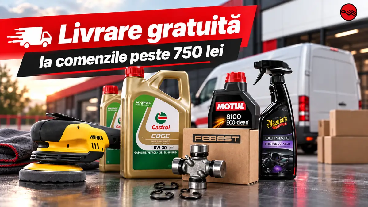 Produse auto, uleiuri, polish și o piesă metalică, cu mesajul „Livrare gratuită la comenzile peste 750 lei”.