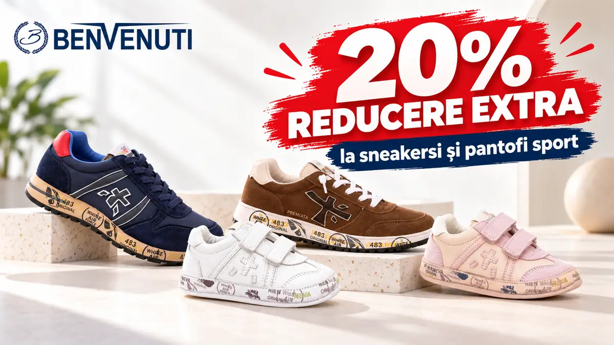 Banner Benvenuti cu patru perechi de sneakers și mesajul „20% reducere extra la sneakersi și pantofi sport”.