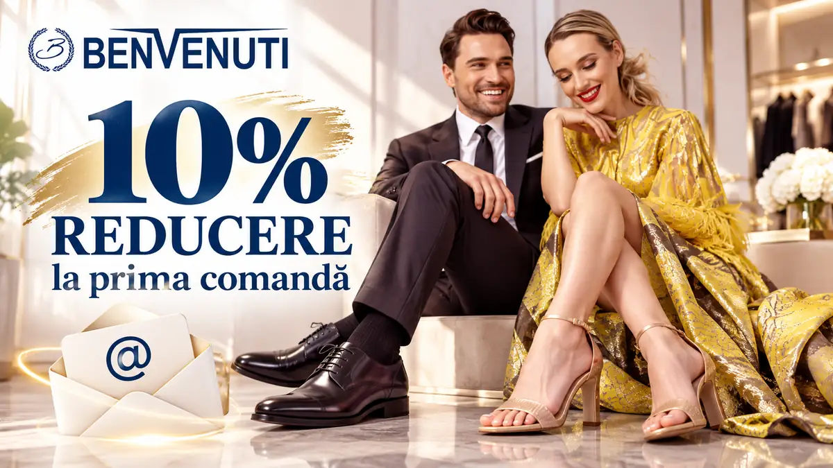 Cuplu elegant cu pantofi Benvenuti, mesaj 10% reducere la prima comandă și simbol de newsletter.