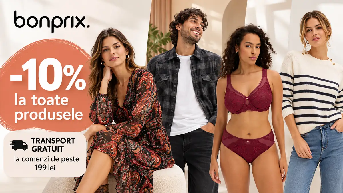 Banner Bonprix cu patru modele, reducere de 10% și transport gratuit la comenzi de peste 199 lei.