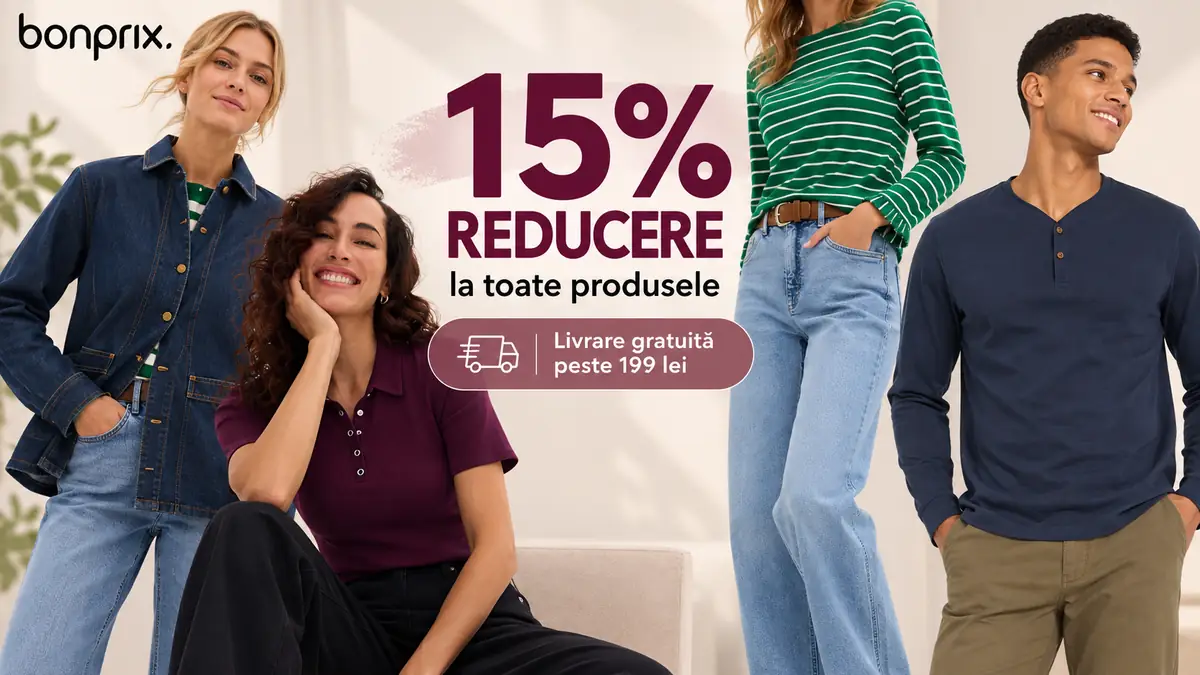 Patru modele în ținute casual Bonprix, cu 15% reducere la toate produsele și livrare gratuită peste 199 lei.