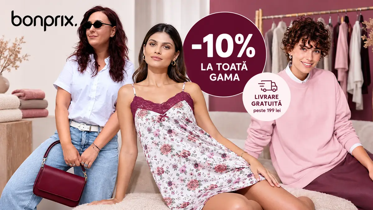 Trei modele poartă ținute Bonprix, alături de mesaje cu 10% reducere și livrare gratuită peste 199 lei.
