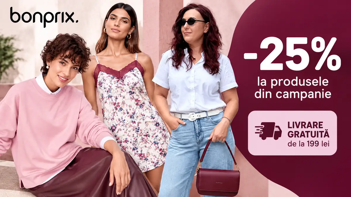 Trei femei în ținute Bonprix, lângă mesajul „-25%” și livrare gratuită de la 199 lei.