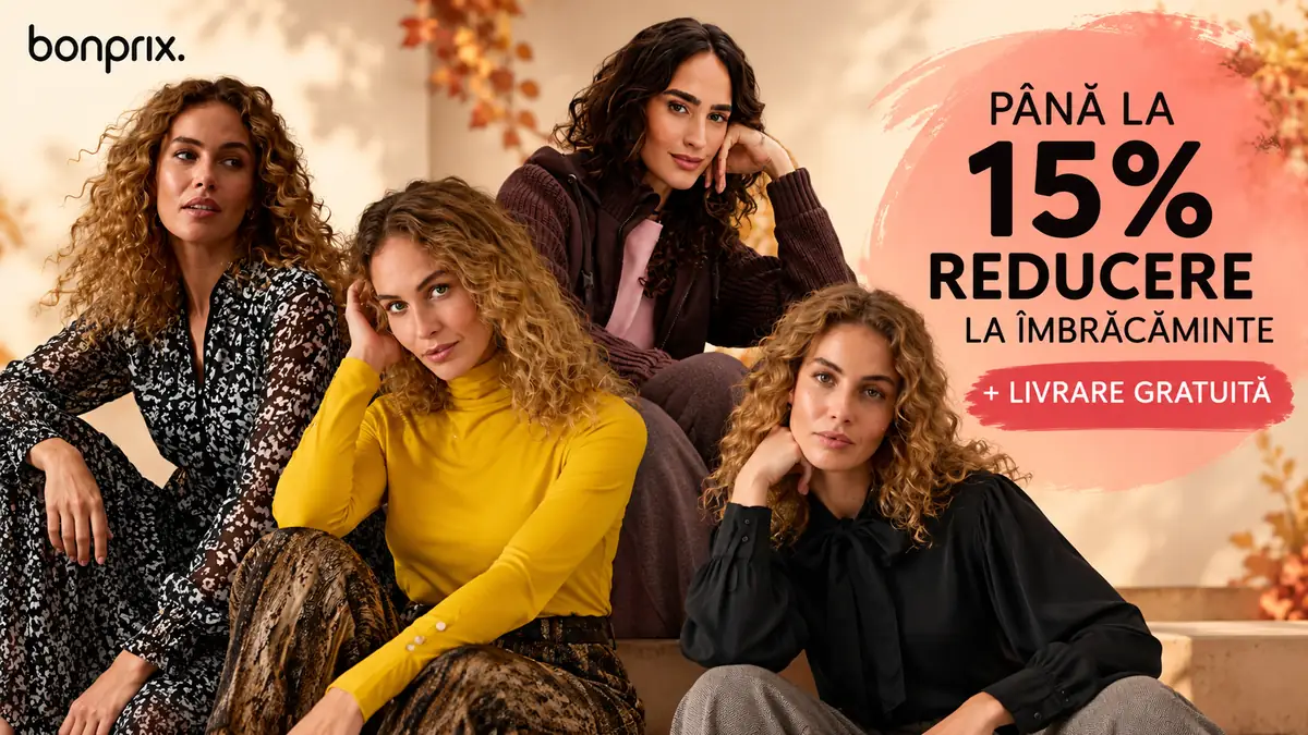 Patru femei în ținute Bonprix de toamnă, alături de mesajul „Până la 15% reducere” și livrare gratuită.